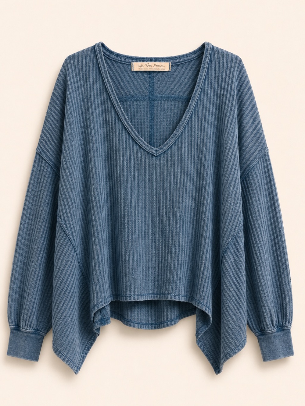 We The Free Oversized Textured V-Neck Pullover Top Blue Medium
